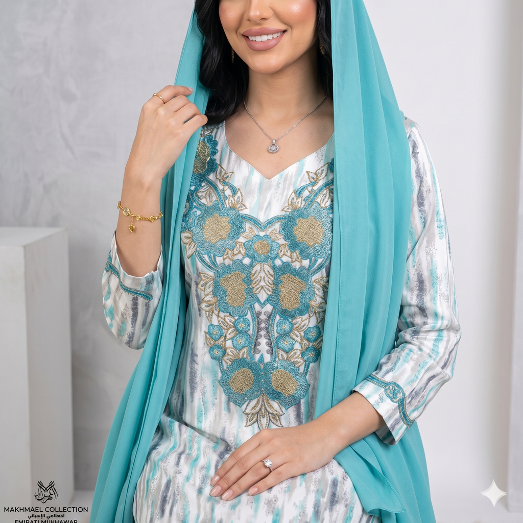 Mkhawar Élégance Turquoise – Soie Indonésienne Brodée à la Main
